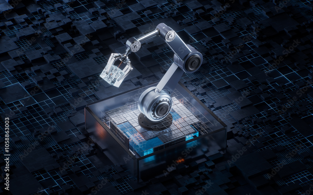 Poster mechanical arm with technological circuit background, 3d rendering.