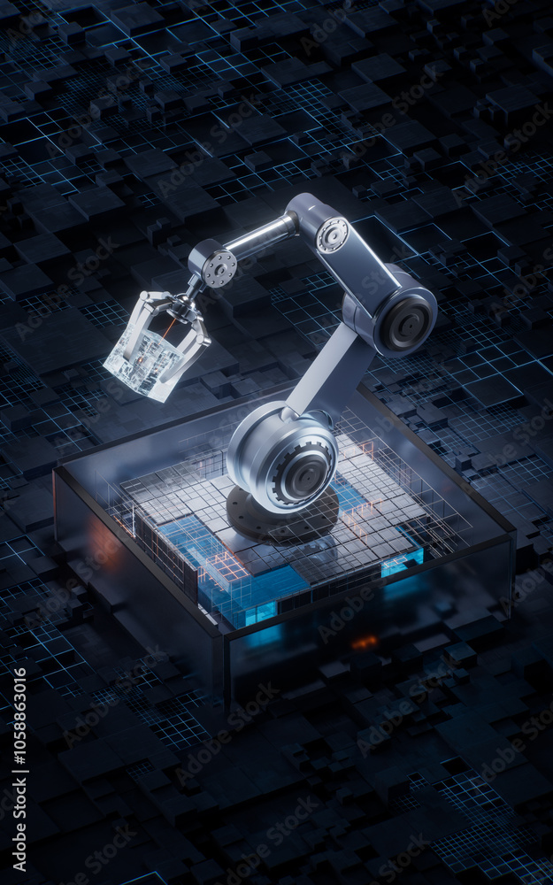 Aufkleber mechanical arm with technological circuit background, 3d rendering.