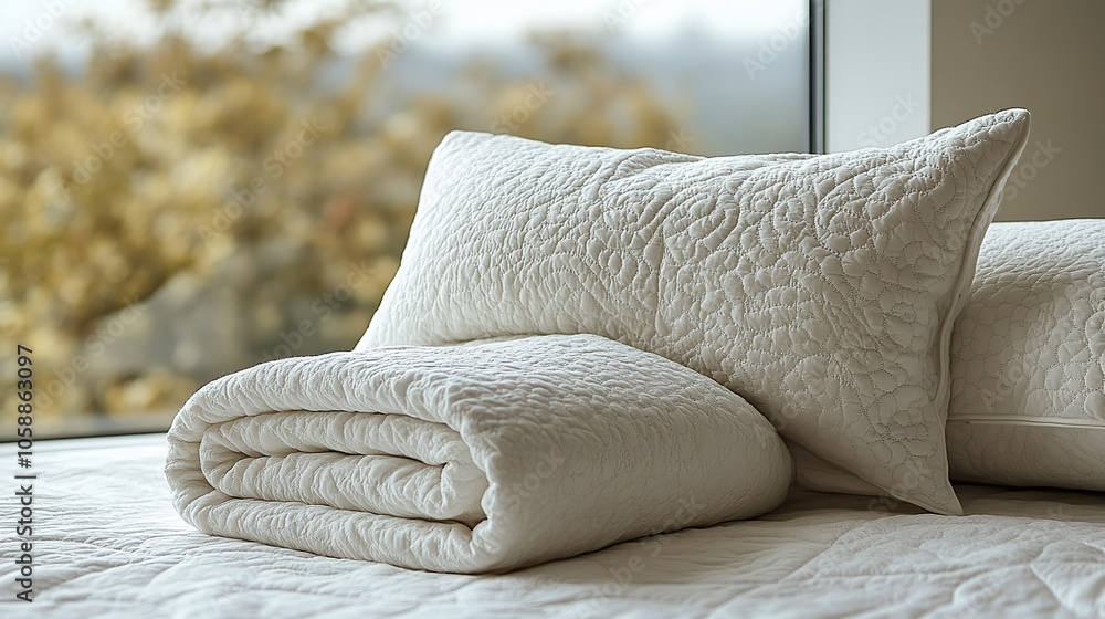Poster two pillows and folded blanket displayed as part of bedding catalog layout