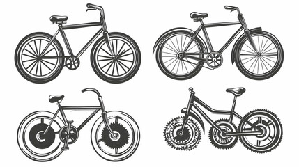 Obraz premium Four vintage bicycles with different wheel designs, black and white illustration.