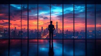 A silhouette of a person gazes at a vibrant city skyline during sunset.