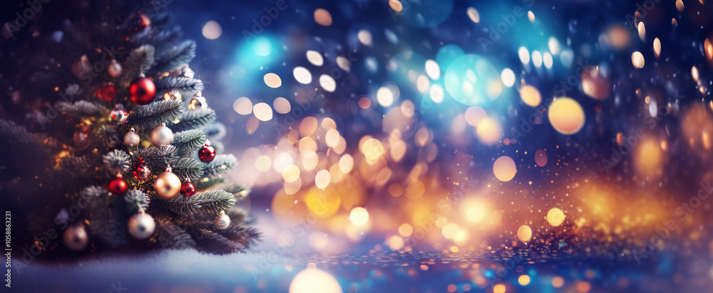 Poster A decorated Christmas tree in a snowy winter setting with a blurred background of bokeh lights.