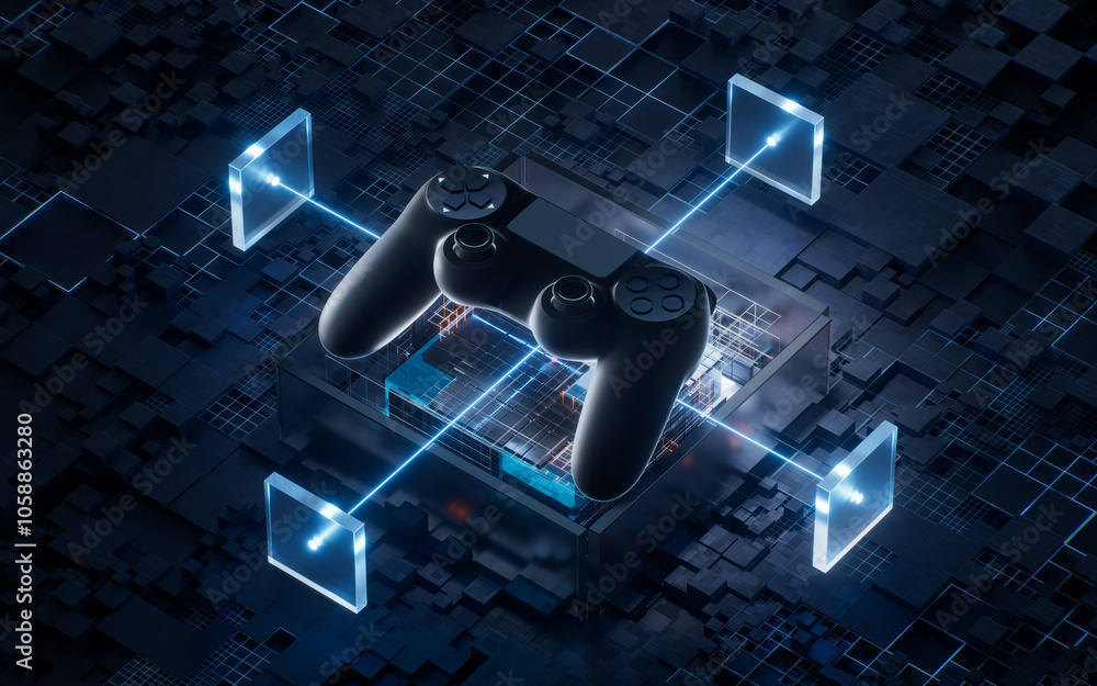 Aufkleber gamepad with technological circuit background, 3d rendering.