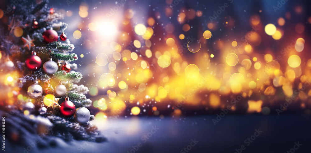 Poster a small decorated christmas tree sits in the snow with a blurred background of twinkling lights.