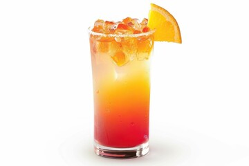 Tequila sunrise drink with ice on white background
