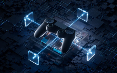 Gamepad with technological circuit background, 3d rendering.