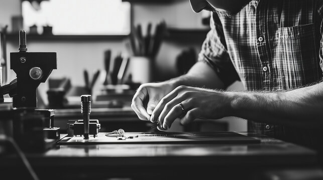 Craftsman meticulously creating a ring in his studio with specialized tools and techniques