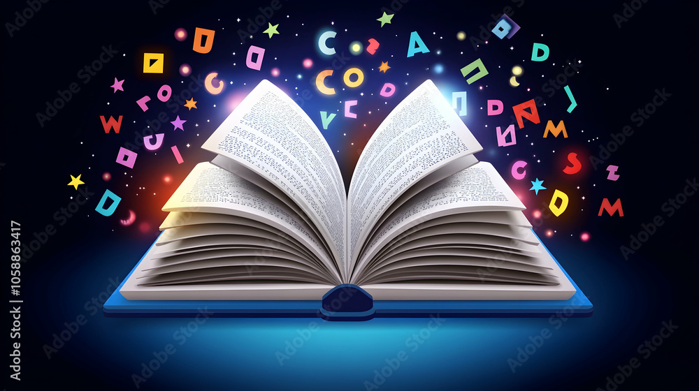 Poster open book with glowing letters and stars floating out of it.