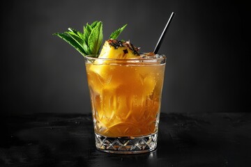 Tropical cocktail with black pineapple on dark background