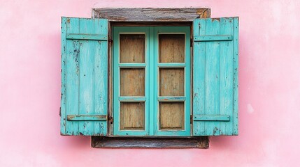 Obraz premium A Rustic Turquoise Window with Open Shutters