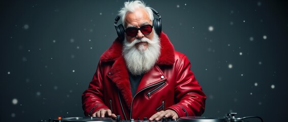 A festive Santa Claus in a vibrant red jacket is DJing at a lively Christmas party. Snowflakes are falling around, creating a joyful and celebratory holiday atmosphere.

