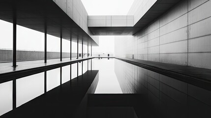 Minimalist black and white urban landscape captured with geometric lines and reflections, emphasizing the industrial elements and creating a serene photo style with ample copy space.