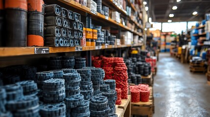 Various building and industrial supplies, including bricks and pipes, are displayed for sale at hardware store