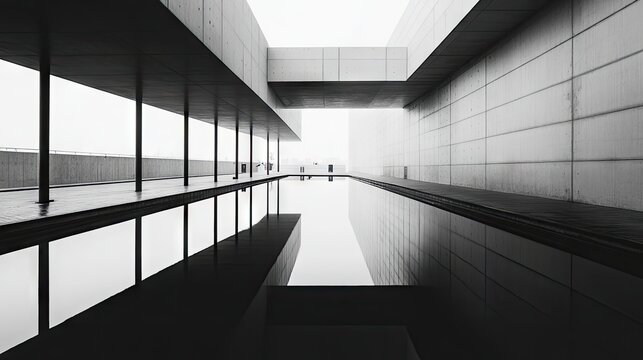 Fototapeta Minimalist black and white urban landscape captured with geometric lines and reflections, emphasizing the industrial elements and creating a serene photo style with ample copy space.