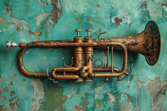 Vintage flugelhorn on green background