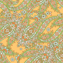 Hand drawn floral paisley seamless vector pattern. Batik style fabric