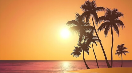 Silhouette of palm trees on a beach at sunset.