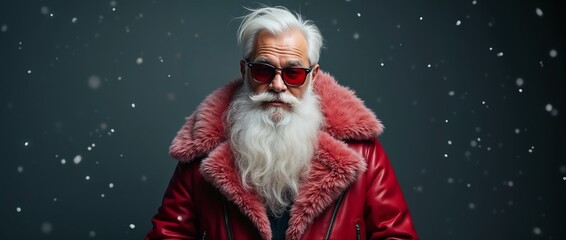 Stylish Santa Claus wearing a red leather jacket and sunglasses against a snowy backdrop. The modern and edgy vibe combines tradition with a contemporary twist, perfect for holiday and winter themes.
