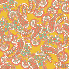 Colorful Paisley wallpaper. Vector Indonesian batik. Bright classic indian fabric. Paisley wallpaper. Ethnic background with paisley and stylized flowers. For textile, cover, wrapping paper, fabric