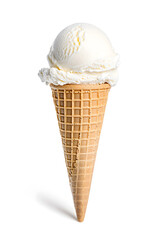 Vanilla white ice cream scoops in a cone, isolated on white background	