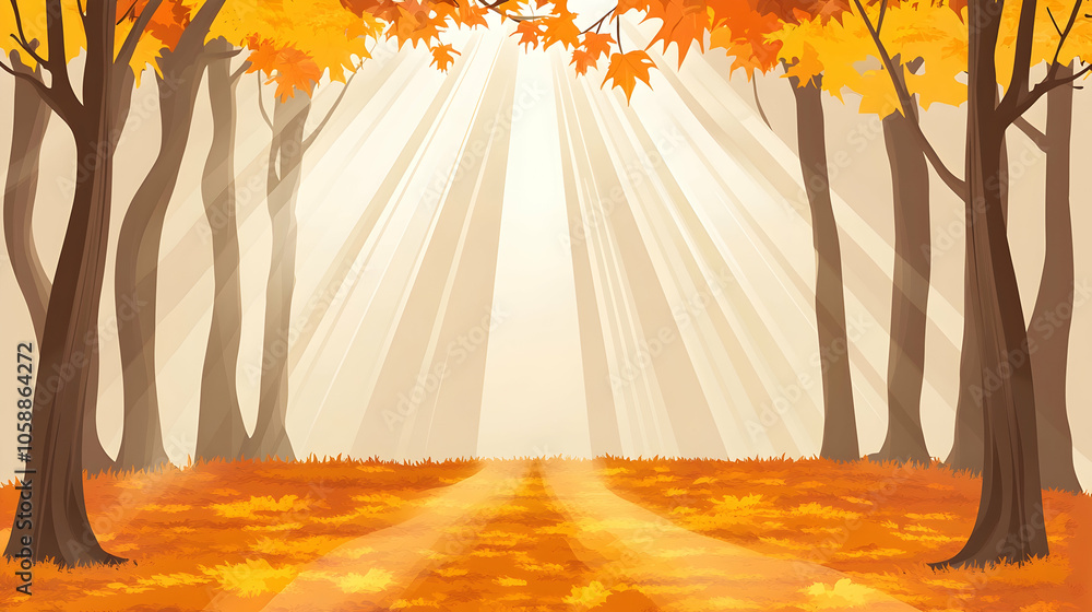 Poster sunlight shining through autumn trees with a path in the middle.