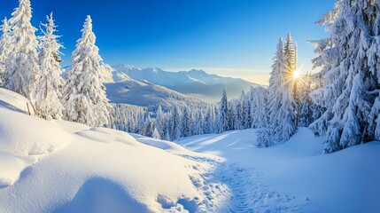 Fototapeta premium Snowy mountain landscape, crisp blue sky, sunlight reflecting off snow, calm and majestic winter scenery
