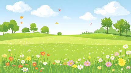 Naklejka premium Sunny meadow with green grass, flowers, trees and blue sky.