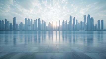 Fototapeta premium Urban Skyline with Central City View Featuring Pathway and Parking Area for Automotive Advertising