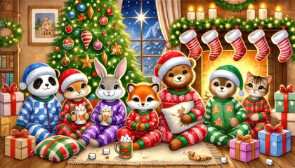 Obraz premium Adorable woodland animals having a Christmas party