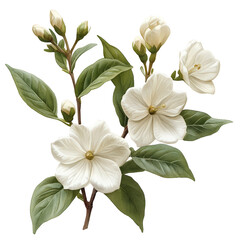 Fototapeta premium A white flower with green leaves is the main focus of the image. Generative AI