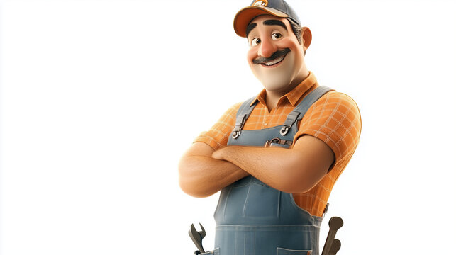 3d rendering of a friendly cartoon mechanic smiling with crossed arms, wearing a cap and overalls, tools visible on his side, isolated on white