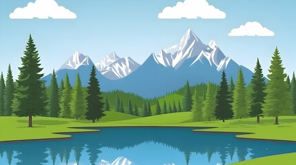 A serene landscape with snow-capped mountains, lush forest, and a still lake.
