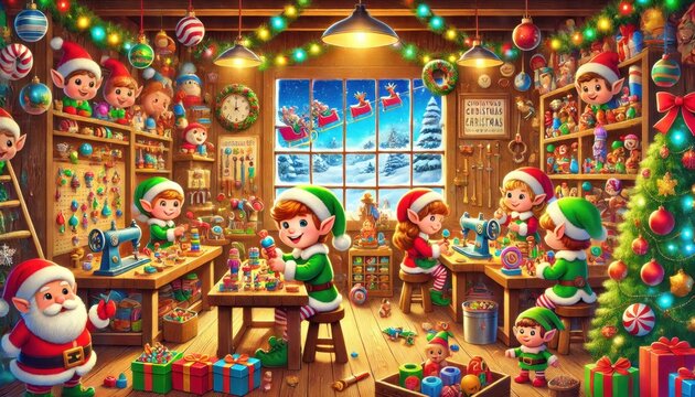 Santa's elves working in festive toy workshop
