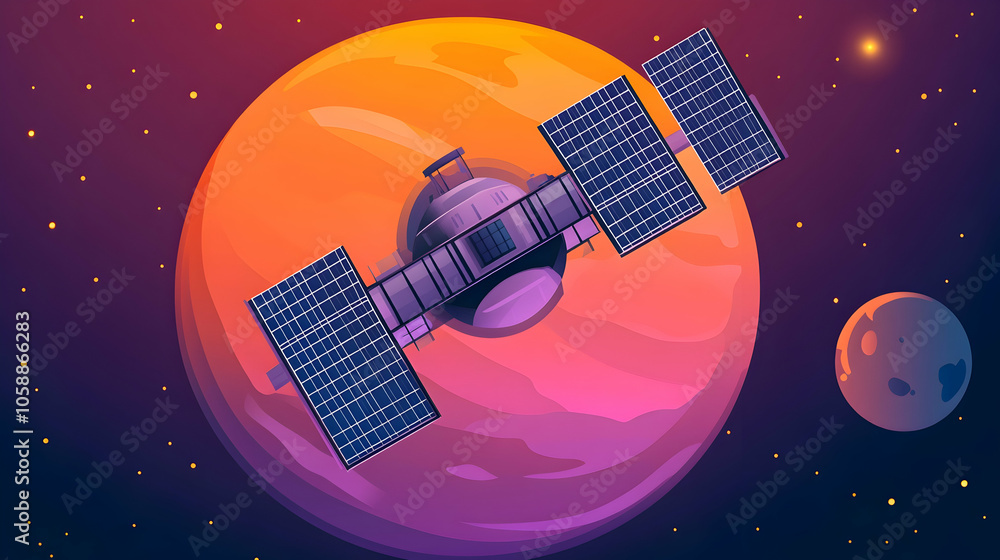 Poster a spacecraft with solar panels orbits a planet with a smaller moon in the background.