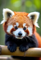 Fototapeta premium Curious Red Panda Portrait: Vibrant Fur and Playful Eyes, Minimalist Wildlife Photography on Smooth Background