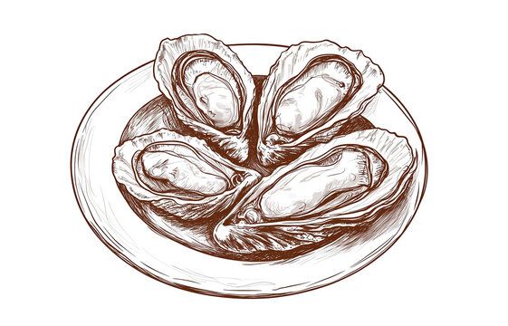 recommend clip art: Seafood, oyster. Vintage retro print, black white seafood oyster sketch ink pencil style drawing, linear drawing, engrave old school. Sketch artwork oyster, seafood. Illustration