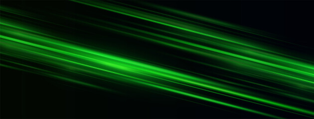 Green laser beams isolated on black background. Abstract light effect. Green lens flash. Horizontal rays glowing in the dark. Speed ​​vector illustration, road.