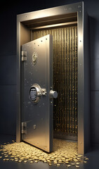 A bank vault with binary code flowing out, symbolizing secure data protection and online banking safety.