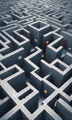 A maze with pathways blocked by digital locks and shields, symbolizing the challenge of navigating data protection and privacy.