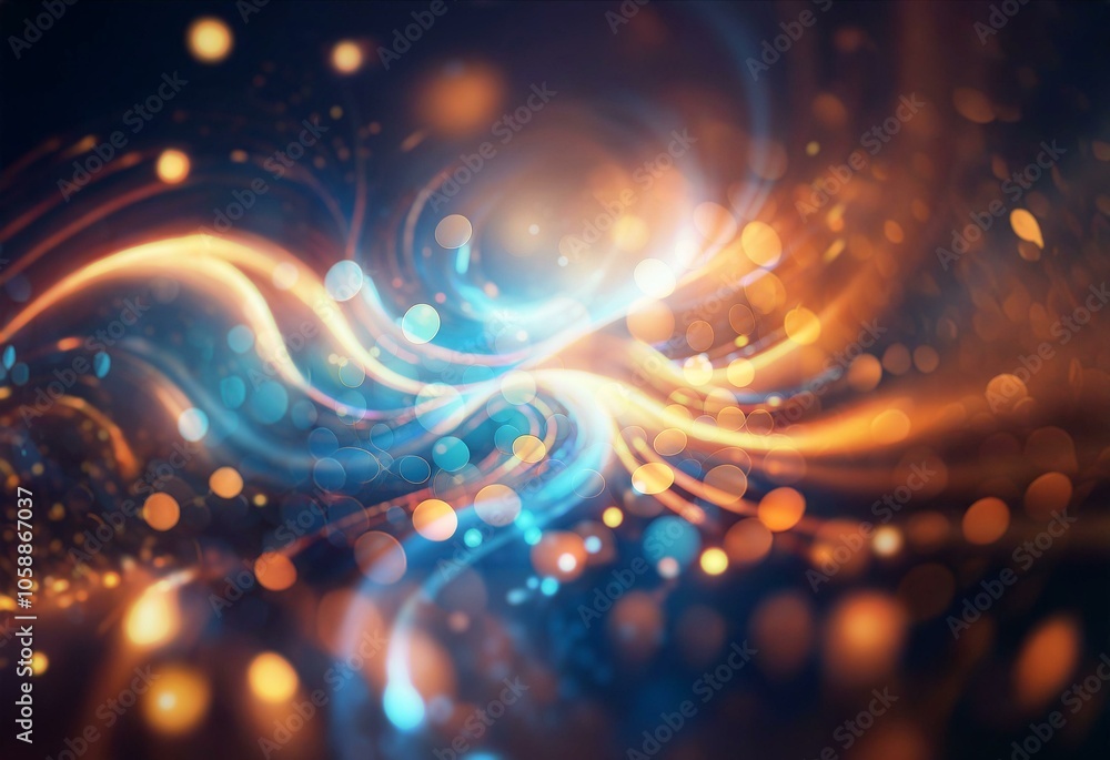 Poster abstract swirl of orange and blue lines with bokeh effect.