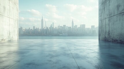 Fototapeta premium Urban Skyline with Central City View Featuring Pathway and Parking Area for Automotive Advertising