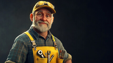 Confident and skilled senior handyman in a yellow apron and tools, radiating cheerfulness and expertise in home repair