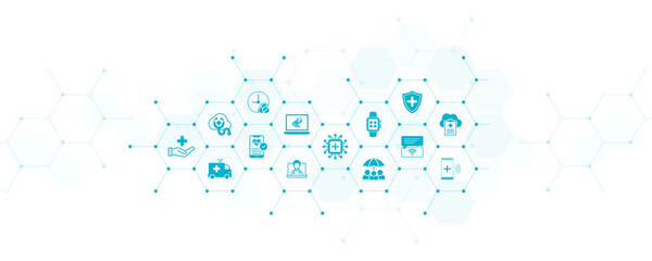 digital healthcare / ehealth / iot technology in medicine vector illustration. Concept related to medical big data, cloud applications, wearable health monitoring, digital or virtual diagnosis.