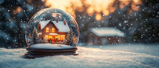 Glass Christmas snow ball with house and Christmas trees inside it