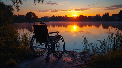 Obraz premium Wheelchair by the lake at sunset showing beautiful color contrasts
