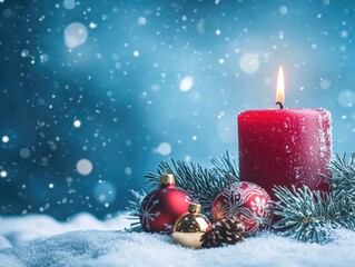Red candle on snowy ground