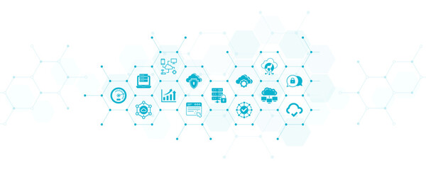 Cloud computing vector illustration. Blue concept with no people and icons related to cloud infrastructure and online storage, wireless connection, cloud technology & security, cloud content networks.