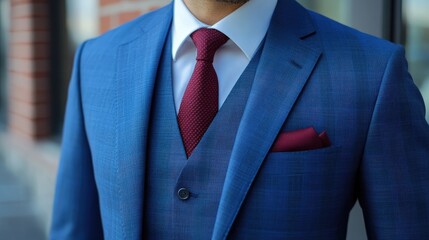 Stylish set of blue suits for men, perfect for professional office attire. This blue suit ensemble, paired with a red necktie, offers a fashionable and elegant gentleman look. Ideal for your wardrobe.