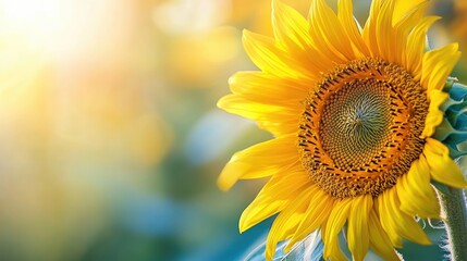 Obraz premium A vibrant macro image of a sunflower highlights the intricate details and the natural beauty of the sunflower bloom. Ideal for floral-themed designs with ample copy space.