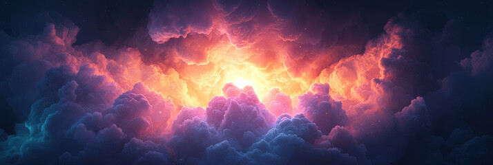 vibrant explosion of colors in cosmic cloud formation, showcasing bright oranges, purples, and blues, creating mesmerizing and ethereal atmosphere